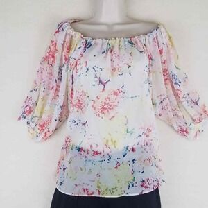 CABI‎ Semi Sheer Off the Shoulder Blouse Size XS in White w/ Floral Design